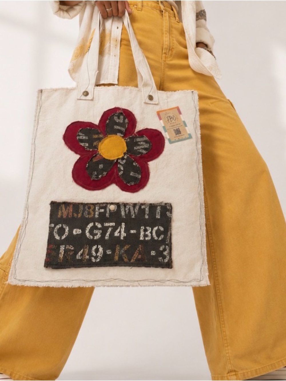 Handmade Oversized Cotton Canvas Tote Floral Patch Boho Artisan Bag with Pocket